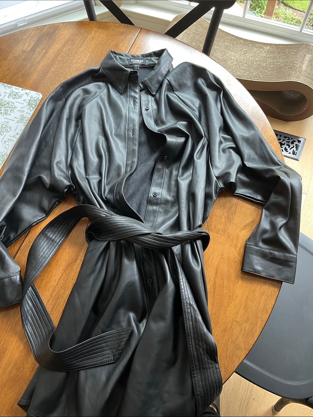 Express Black Faux-Leather Button-Down Shirt with Belt